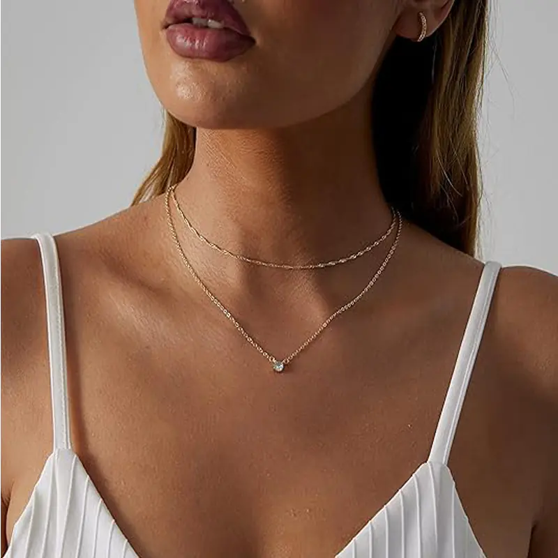 Dainty Diamond Solitaire Pendant Necklaces For Women, 14K Gold Plated Single Round Cubic Zirconia Square Simulated Diamond Choker Necklace Jewelry Gifts - Image 3
