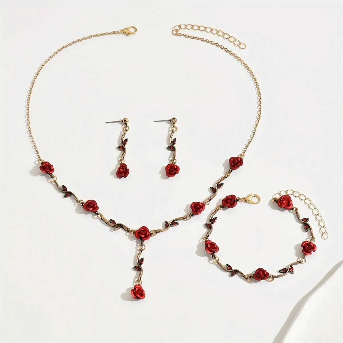 Lxalry Romantic Red Rose Jewelry Set, Handmade Electroplated Necklace Bracelet & Earrings Trio, Bridal Gift For Wedding Elegance & Everyday Romance - Image 2