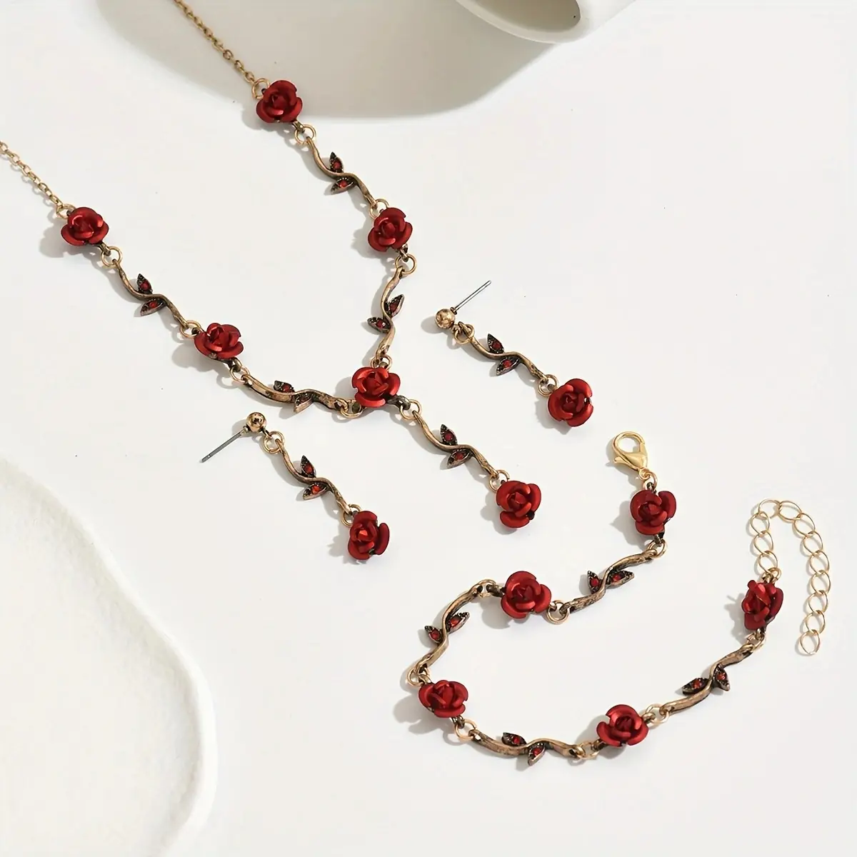 Lxalry Romantic Red Rose Jewelry Set, Handmade Electroplated Necklace Bracelet & Earrings Trio, Bridal Gift For Wedding Elegance & Everyday Romance - Image 3