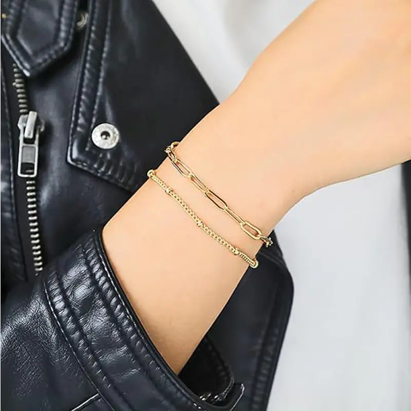 Dainty Gold Bracelets For Women, 14K Gold Filled Adjustable Layered Bracelet Cute Evil Eye Oval Chain Pearl Bar Turtle Gold Bracelets For Women Jewelry - Image 8