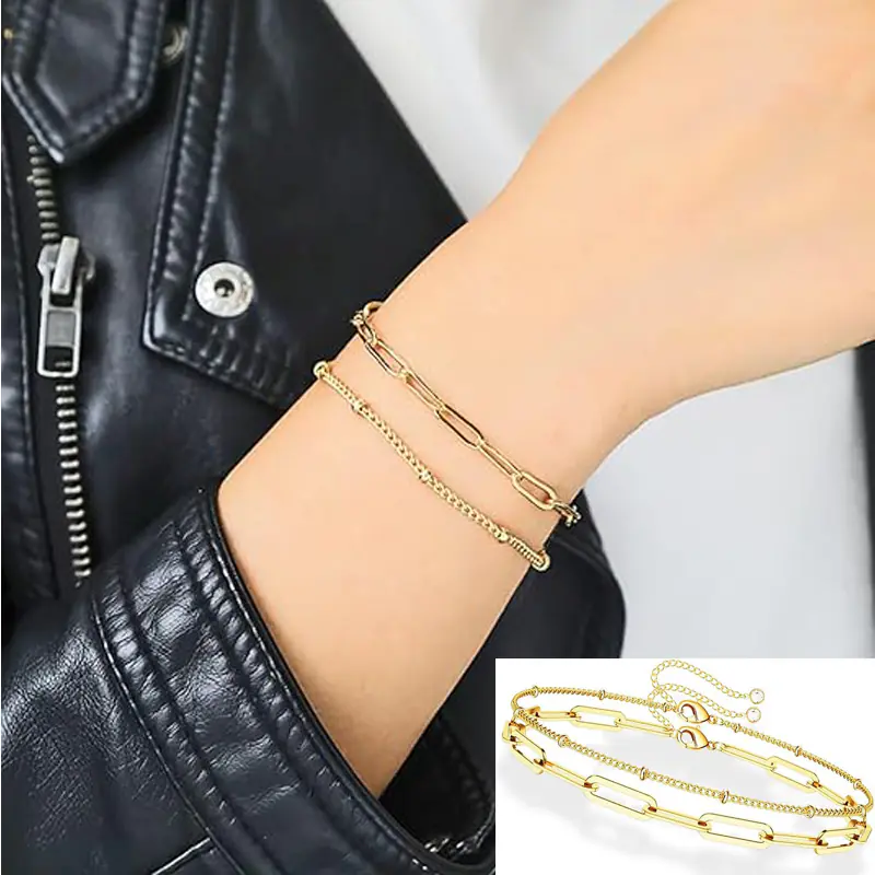 Dainty Gold Bracelets For Women, 14K Gold Filled Adjustable Layered Bracelet Cute Evil Eye Oval Chain Pearl Bar Turtle Gold Bracelets For Women Jewelry - Image 5