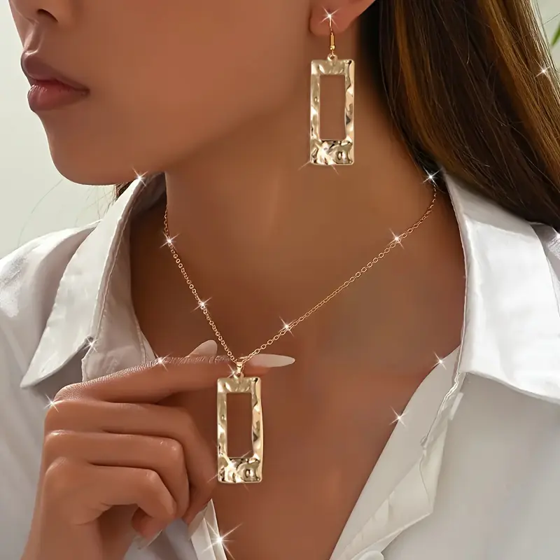 Lxalry Gold-Toned Hammered Geometric Jewelry Set, Recycled Alloy Necklace & Earrings For Women, Eco-Friendly Hypoallergenic Accessories For Daily Party Formal - Image 4