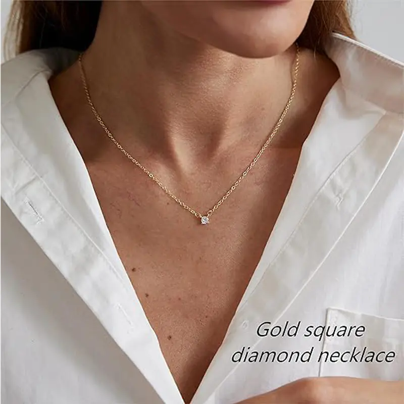 Dainty Diamond Solitaire Pendant Necklaces For Women, 14K Gold Plated Single Round Cubic Zirconia Square Simulated Diamond Choker Necklace Jewelry Gifts - Image 4