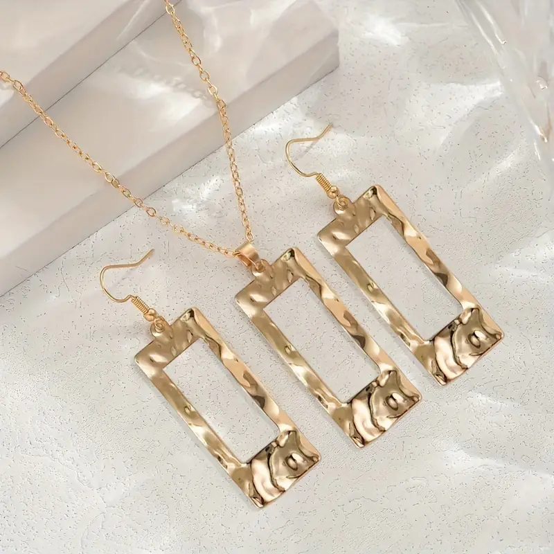 Lxalry Gold-Toned Hammered Geometric Jewelry Set, Recycled Alloy Necklace & Earrings For Women, Eco-Friendly Hypoallergenic Accessories For Daily Party Formal - Image 6