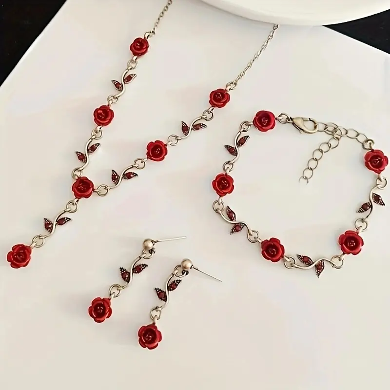 Lxalry Romantic Red Rose Jewelry Set, Handmade Electroplated Necklace Bracelet & Earrings Trio, Bridal Gift For Wedding Elegance & Everyday Romance - Image 4